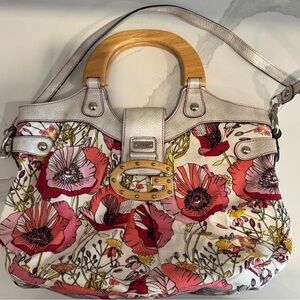 GUESS wood handle floral canvas purse bag carryall vacation poppy classic rare